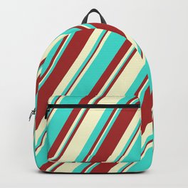 [ Thumbnail: Brown, Light Yellow, and Turquoise Colored Lined Pattern Backpack ]