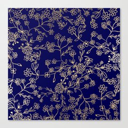 Elegant Botanical Navy Blue Gold Hand Drawn Floral Canvas Print