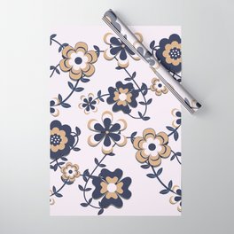 Retro 70's Navy Blue-Gold Flower Power Bunch Wrapping Paper