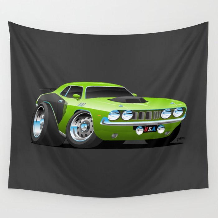 Classic Seventies Style American Muscle Car Cartoon Wall Tapestry