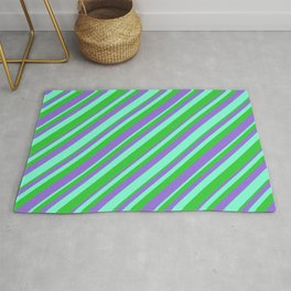 [ Thumbnail: Aquamarine, Lime Green, and Purple Colored Striped/Lined Pattern Rug ]