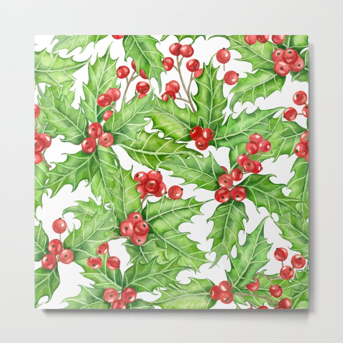 Holly berry watercolor Christmas pattern Metal Print
