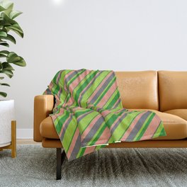 [ Thumbnail: Green, Forest Green, Dark Salmon, and Dim Gray Colored Striped/Lined Pattern Throw Blanket ]
