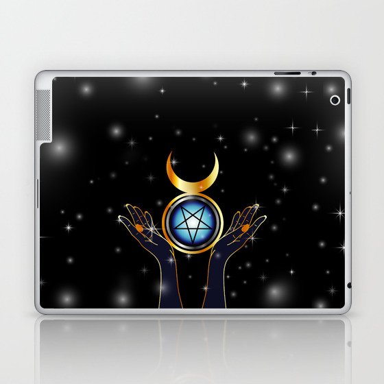 Triple Goddess symbol and hands holding an inverted pentacle Laptop & iPad Skin