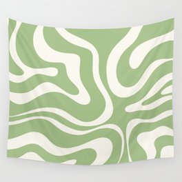 Modern Liquid Swirl Abstract Pattern in Light Sage Green and Cream Wall Tapestry