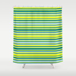 [ Thumbnail: Yellow, Teal, and Light Blue Colored Stripes Pattern Shower Curtain ]