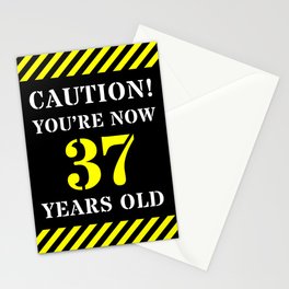 [ Thumbnail: 37th Birthday - Warning Stripes and Stencil Style Text Stationery Cards ]