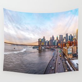 New York City Skyline and the Brooklyn Bridge | Colorful Panoramic Travel Photography in NYC Wall Tapestry