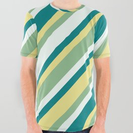 [ Thumbnail: Tan, Dark Sea Green, Mint Cream & Teal Colored Lines/Stripes Pattern All Over Graphic Tee ]