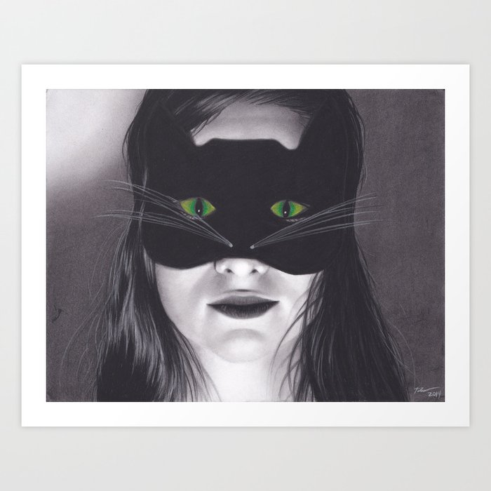 Realism Drawing Of Girl In Cat Mask With Cat Eyes Art Print By