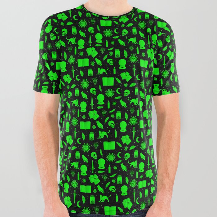 Small Bright Dayglo Green Halloween Motifs Skulls, Spells & Cats on Spooky Black  All Over Graphic Tee