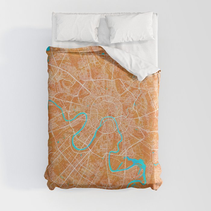 Moscow, Russia, Gold, Blue, City, Map Duvet Cover