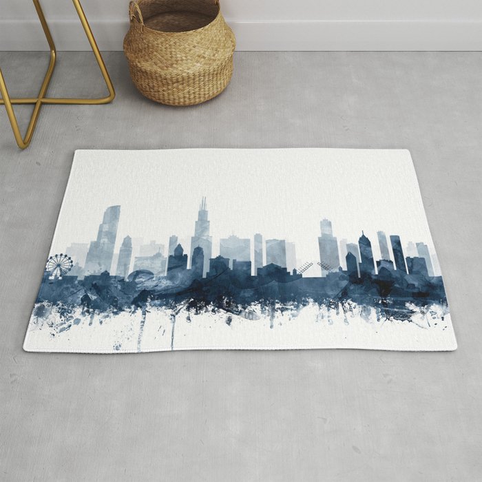 Chicago Skyline Navy Blue Watercolor by Zouzounio Art Rug
