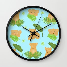 Lion cub leaves blue pattern Wall Clock