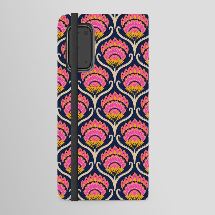 Bright ethnic ogee flame floral  - Hot pink, marigold and papaya orange on midnight blue Android Wallet Case