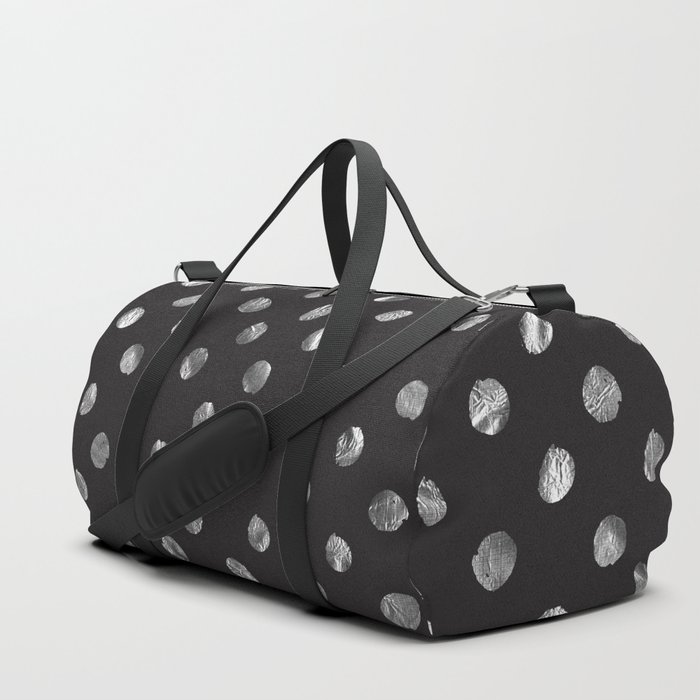 Silver Dots Modern Abstract Glam Foil Confetti Pattern Vintage Retro Black Duffle Bag