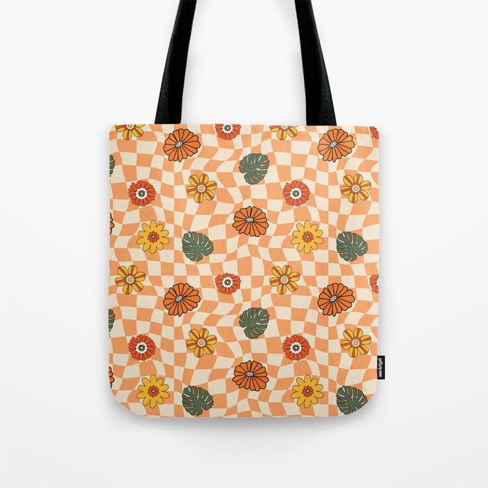 Checkered Patter with Retro Flowers Tote Bag