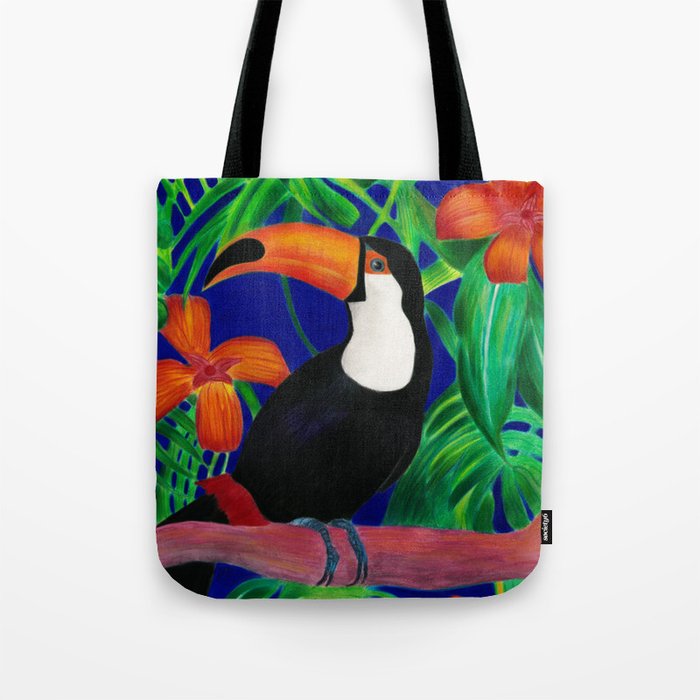 Toucan in colourful forest Tote Bag