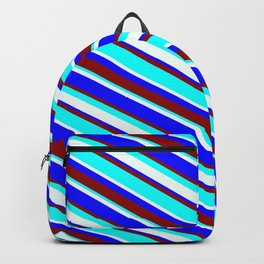 [ Thumbnail: Mint Cream, Blue, Dark Red, and Aqua Colored Lined Pattern Backpack ]