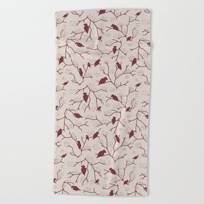 Red tree brunches and birds on tan background Beach Towel