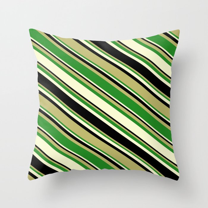 Dark Khaki, Forest Green, Light Yellow, and Black Colored Pattern of Stripes Throw Pillow