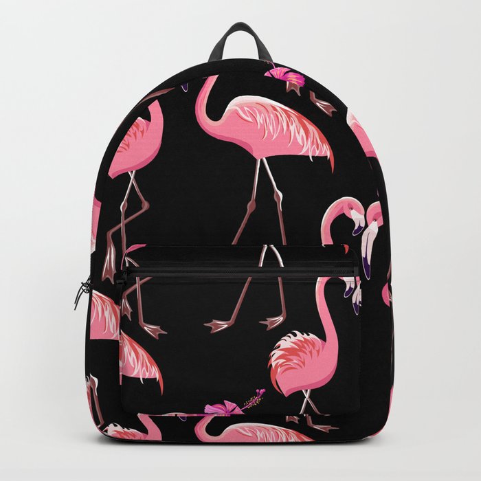 Two pink flamingos on a black background. Seamless pattern. Vintage.  Backpack