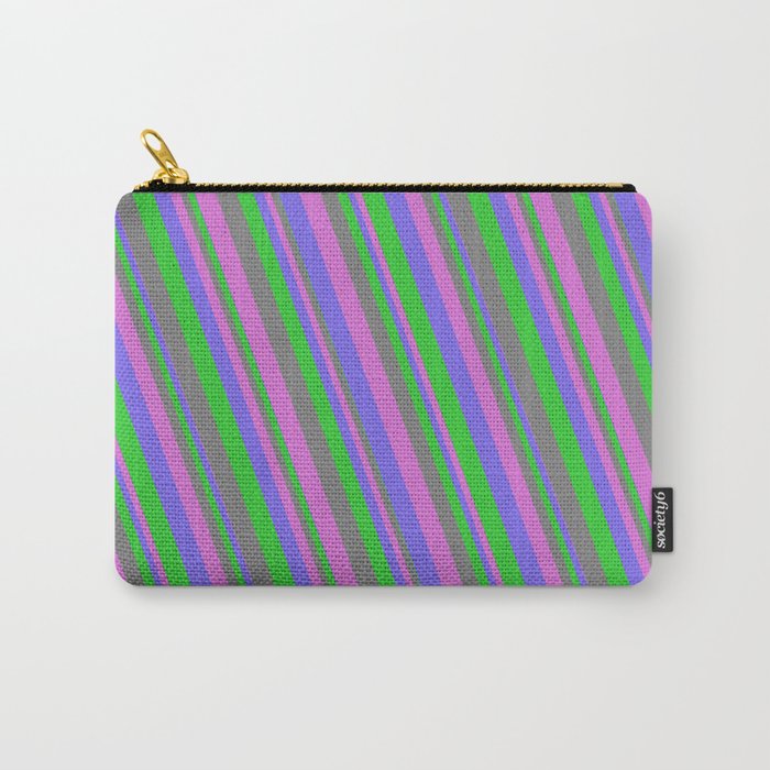 Medium Slate Blue, Lime Green, Gray, and Orchid Colored Lined Pattern Carry-All Pouch