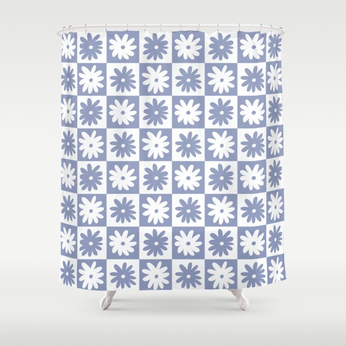Blue And White Checkered Flower Pattern Shower Curtain