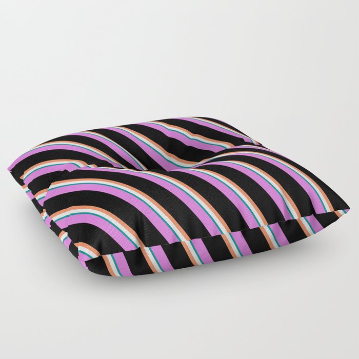 Orchid, Black, Coral, Mint Cream, and Teal Colored Lines/Stripes Pattern Floor Pillow