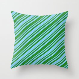 [ Thumbnail: Light Sky Blue and Forest Green Colored Lines/Stripes Pattern Throw Pillow ]