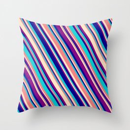 [ Thumbnail: Light Coral, Bisque, Purple, Dark Blue, and Dark Turquoise Colored Lined/Striped Pattern Throw Pillow ]