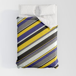 [ Thumbnail: Eyecatching Dim Grey, Mint Cream, Black, Yellow, and Midnight Blue Colored Stripes Pattern Comforter ]