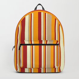 [ Thumbnail: Light Yellow, Red, Orange, and Tan Colored Striped/Lined Pattern Backpack ]