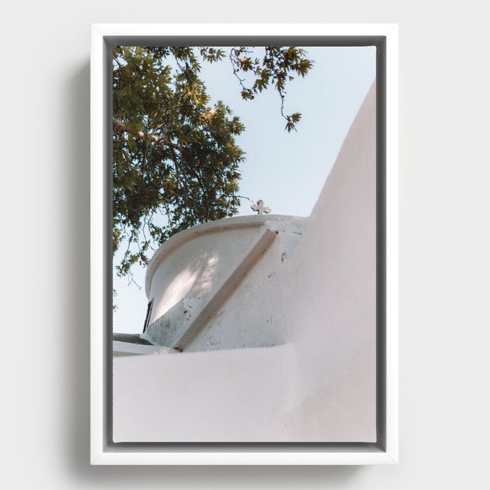 Minimalistic Greek Scenery | White Church Building in the Summer Sun | Cycladic Architecture | Travel Photography on Naxos, Greece Framed Canvas