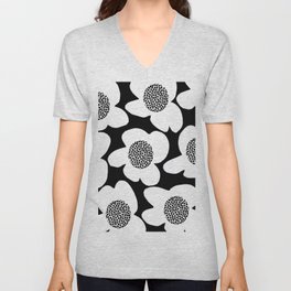 Large Retro Flower White Petals Center with Black Dots Black Background #decor #society6 #buyart V Neck T Shirt
