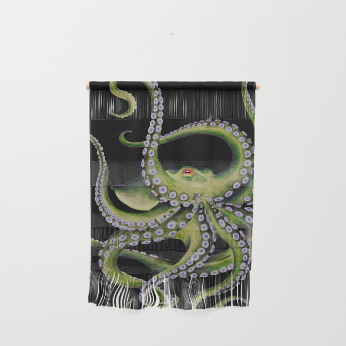 Green Octopus Tentacles Dance Black Watercolor Ink Wall Hanging