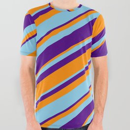 [ Thumbnail: Dark Orange, Sky Blue & Indigo Colored Lined Pattern All Over Graphic Tee ]