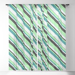 [ Thumbnail: Green, Teal, Mint Cream & Black Colored Lined Pattern Sheer Curtain ]