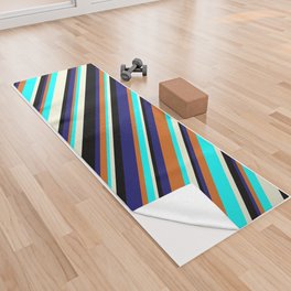 [ Thumbnail: Eye-catching Beige, Aqua, Chocolate, Midnight Blue, and Black Colored Lined Pattern Yoga Towel ]