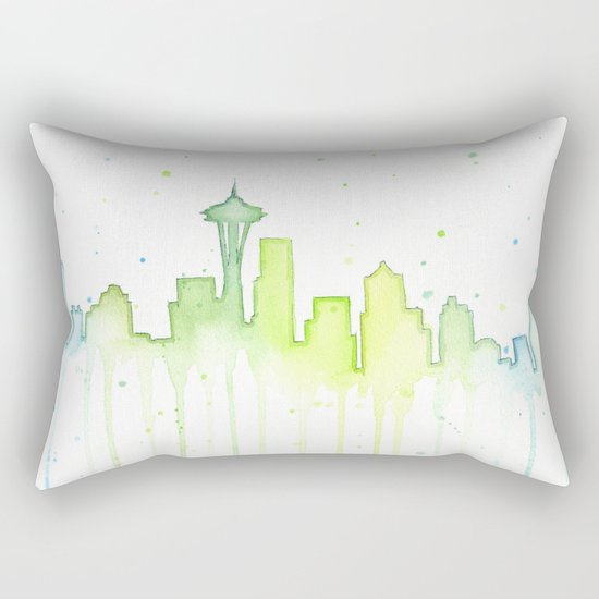 Seattle Skyline Watercolor Space Needle Painting Rectangular Pillow