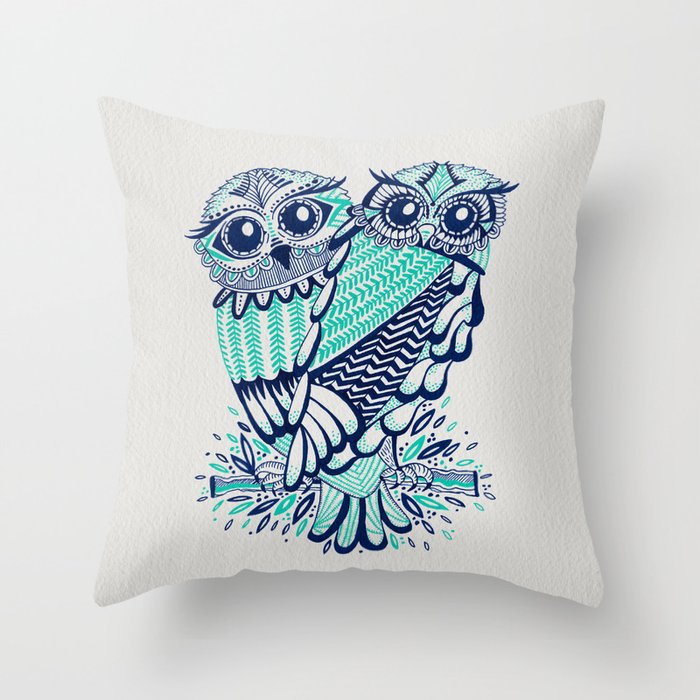 Owls - Turquoise & Navy Throw Pillow