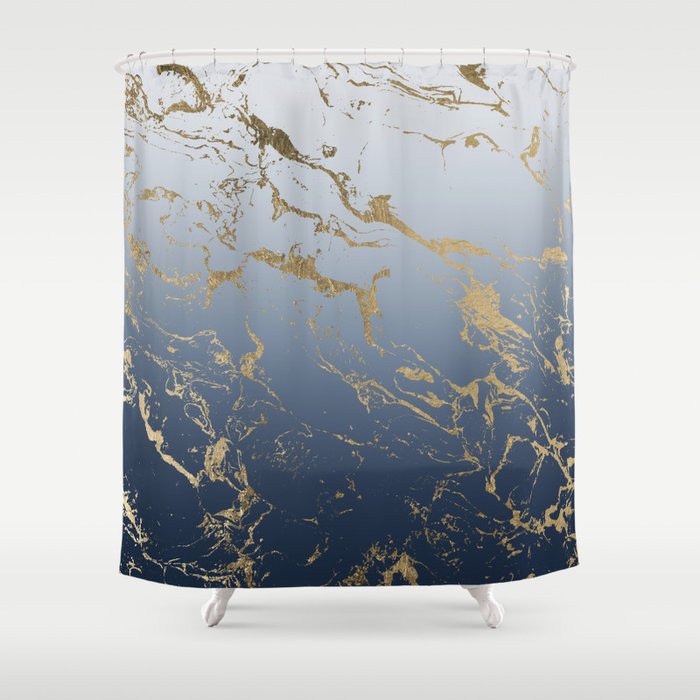 Modern Grey Navy Blue Ombre Gold Marble, Navy Blue And Gold Shower Curtain