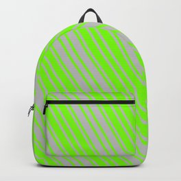 [ Thumbnail: Green and Grey Colored Pattern of Stripes Backpack ]