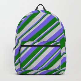 [ Thumbnail: Light Gray, Medium Slate Blue & Green Colored Lines/Stripes Pattern Backpack ]