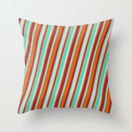 [ Thumbnail: Aquamarine, Light Grey, Chocolate & Brown Colored Striped/Lined Pattern Throw Pillow ]
