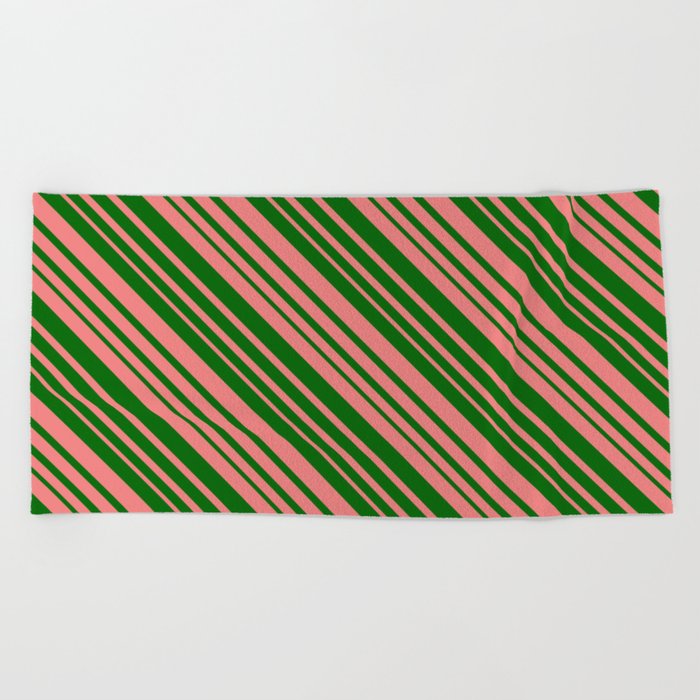 Dark Green & Light Coral Colored Lined/Striped Pattern Beach Towel