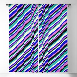 [ Thumbnail: Blue, Orchid, Black, Light Sea Green & Beige Colored Pattern of Stripes Blackout Curtain ]