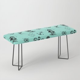 Mint Blue And Black Silhouettes Of Vintage Nautical Pattern Bench