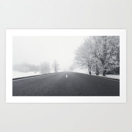 road winter bw snow fog trees direction Art Print