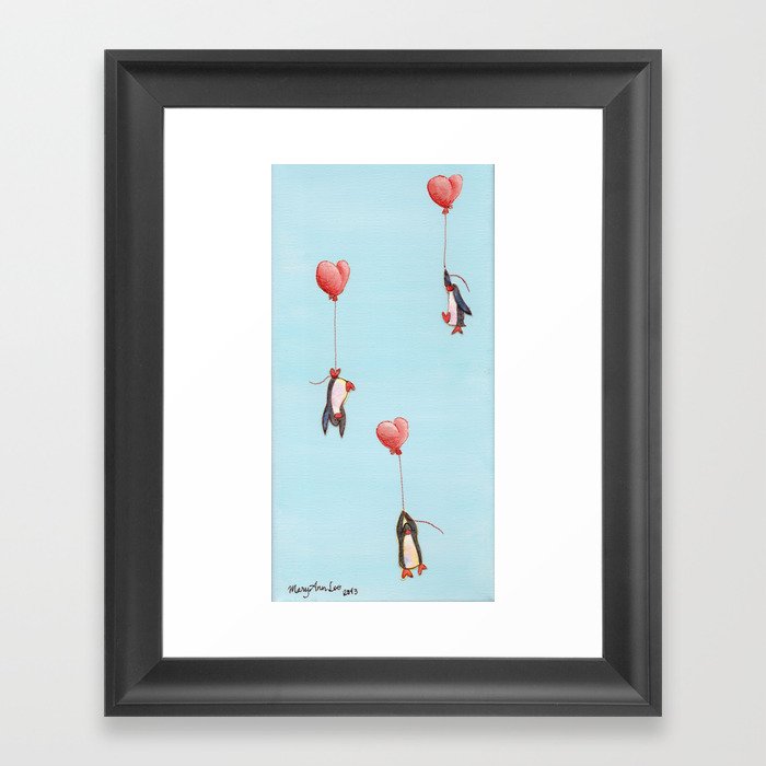 penguins fly to blue sky with heart balloons Framed Art Print